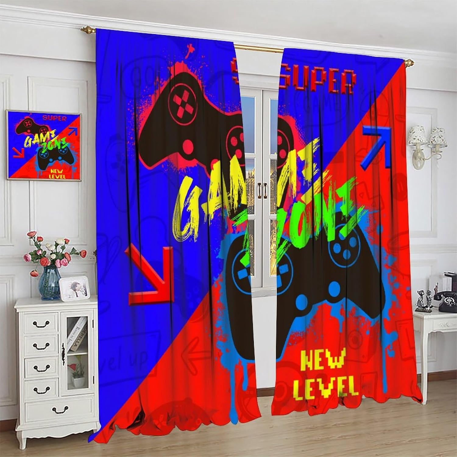 Gaming Gamer Blackout Curtains,Red Blue Patchwork Video Games Controller Gamepad Print Rod Pocket Window Treatments Drapes for Teens Kids Playroom Bedroom 42" W X 54" L