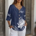 thumbnail image 3 of Xoenoiee Lotus Flwoer Leaves Dragonfly Print Button Down Shirts for Women Summer 2026 Cotton Linen V Neck 3/4 Sleeve Tops Loose Vacation Beach Blouses Tunic, M, 3 of 7