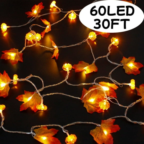 Thanksgiving Pumpkin Maple String Lights, 30 Ft 60 LED Fall Garland Waterproof Battery Operated Fall Decorations for Home Autumn Harvest Indoor Outdoor
