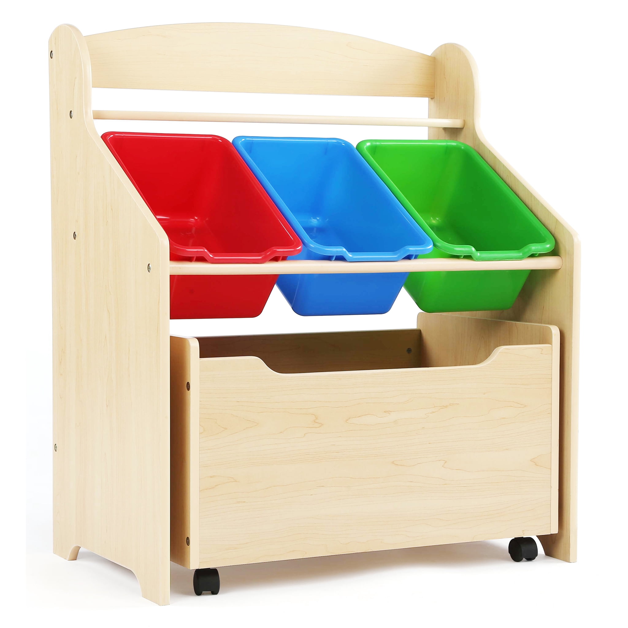 Humble Crew 3-in-1 Toddler-Size Storage Organizer with Rolling Toy Box, Plastic Bins, Natural/Primary