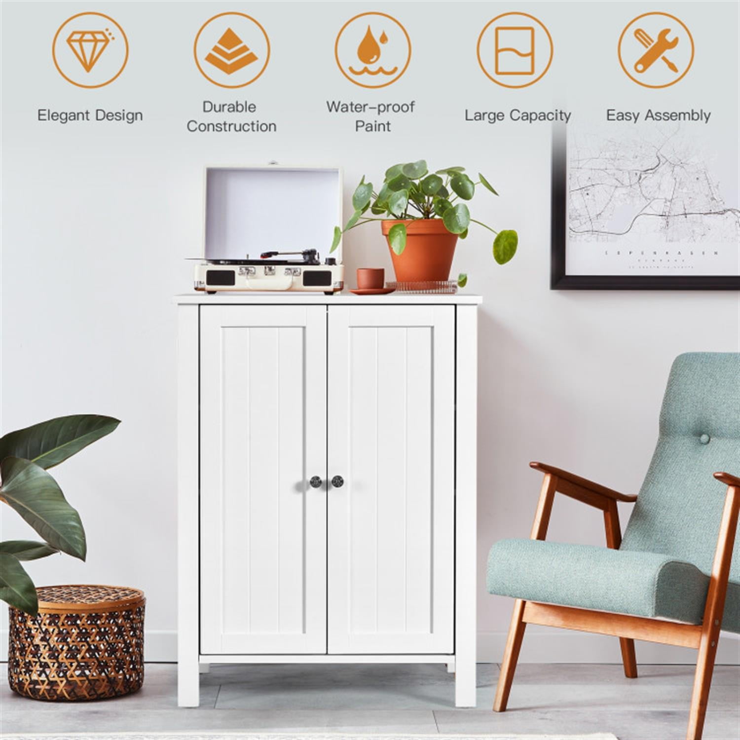 Demi Bonn Bathroom Storage Cabinet with Adjustable Shelf, 2-Door Bathroom Floor Cabinet Space Saver Organizer for Living Room, Bedroom, Kitchen, White