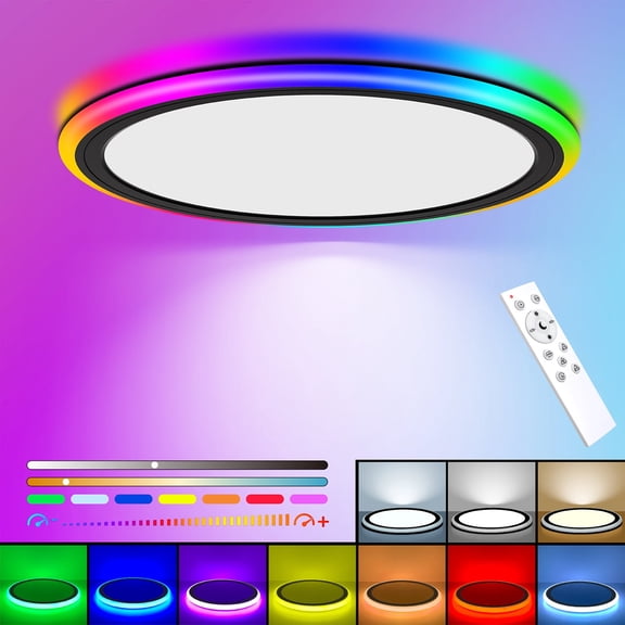 BLNAN 13'' RGB Flush Mount Ceiling Light with Remote Control, 24W 2400LM 3000K-6500K Dimmable Color Changing Wired Led Light Fixture for Bedroom Kids Room Party Festival, Black