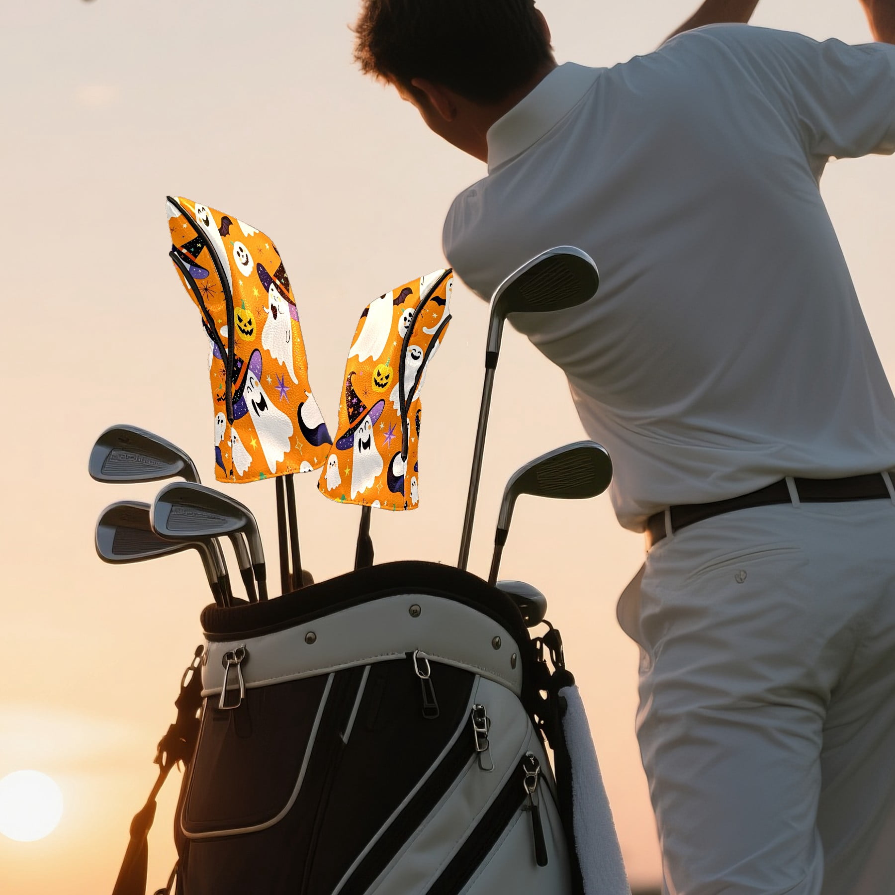 Golf Club Covers, Orange GhostPumpkin Premium PU Leather Driver Hybrid Putter Head Covers with Velvet Lining, Waterproof Golf Gifts for Men Women
