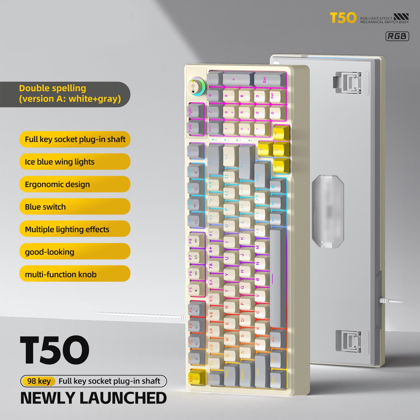 Keyboard For Gaming T50 RGB Mechanical Keyboard 98 Key Hot Swappable Blue Switch Dynamic Lighting Ergonomic Design PC Gaming Typing Work
