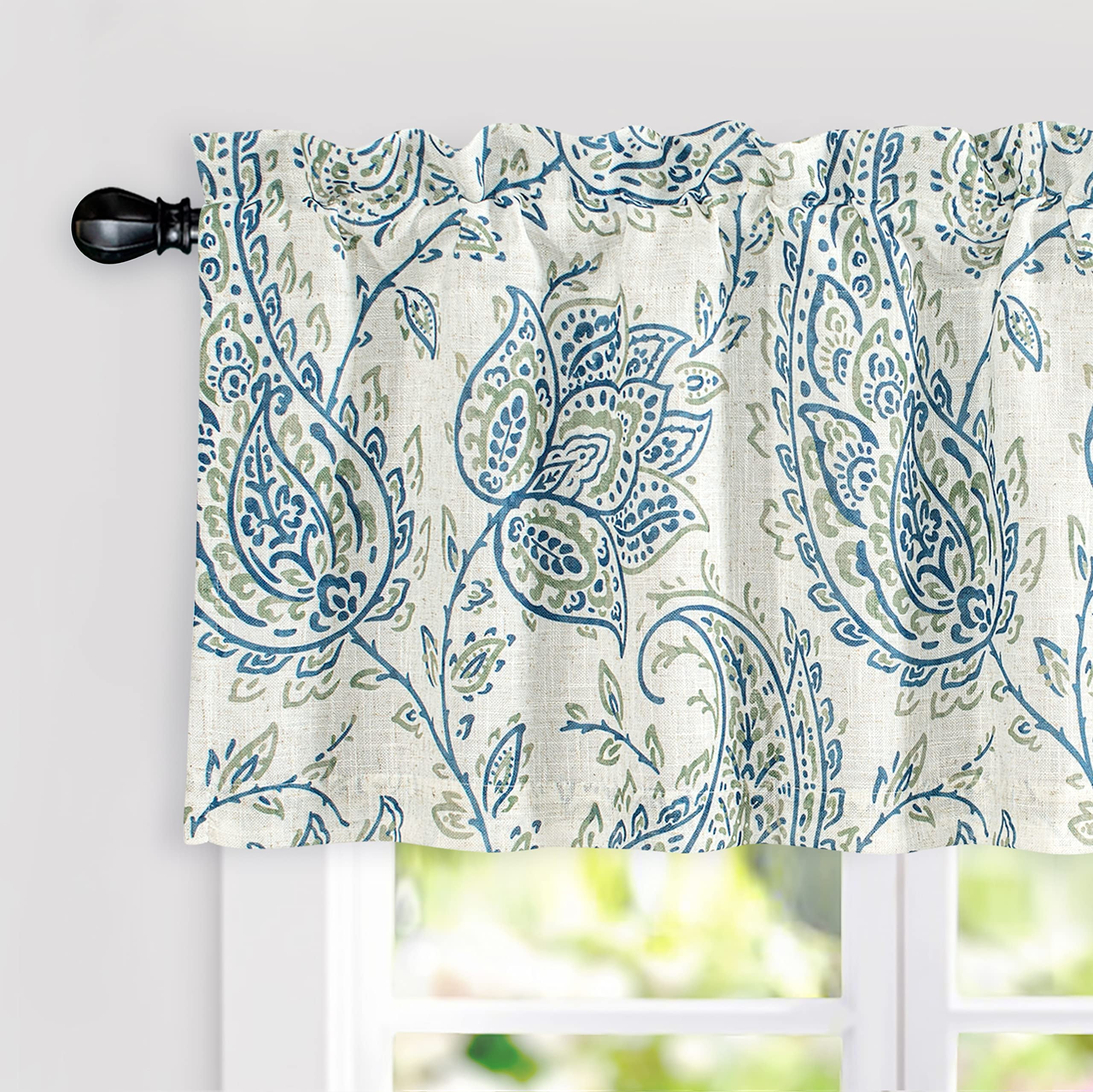DriftAway Jacob Linen Blend Blackout Valance for Kitchen 18 Inch Length Scroll Floral Paisley Printed Lined Rod Pocket Room Darkening Window Curtain Valance for Living Room 52x18 Blue Green 2 Pack