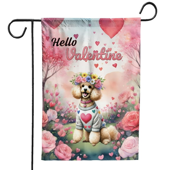 Hello Valentine’s Day Poodle Flower Crown Romantic Pink Floral Garden Flag 12x18in Double Sided Poodles Dog Lover Gifts Idea Outdoor Decor - 00031
