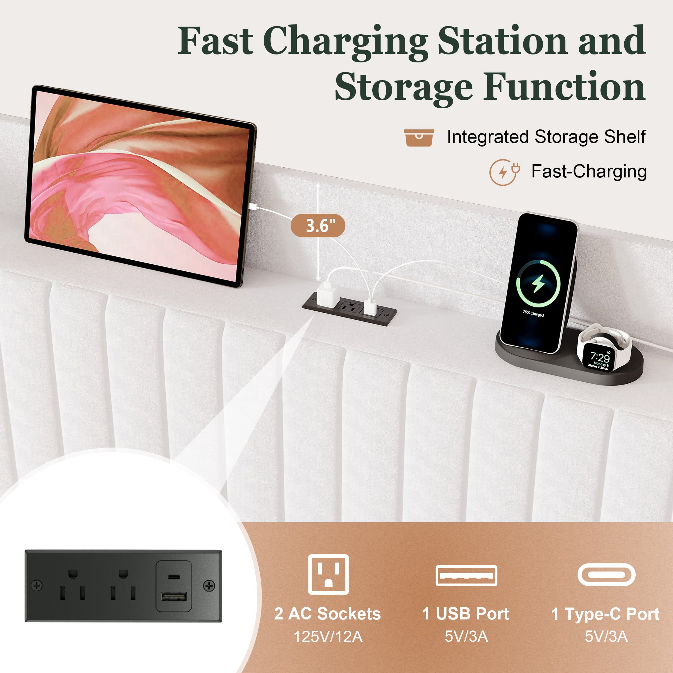 Amolife Queen Size Bed Frame with Advanced 4-in-1 Charging Hub (2 AC Outlets, 1 Type-C, 1 USB) & Storage Shelf, Upholstered Velvet Wingback Headboard, White