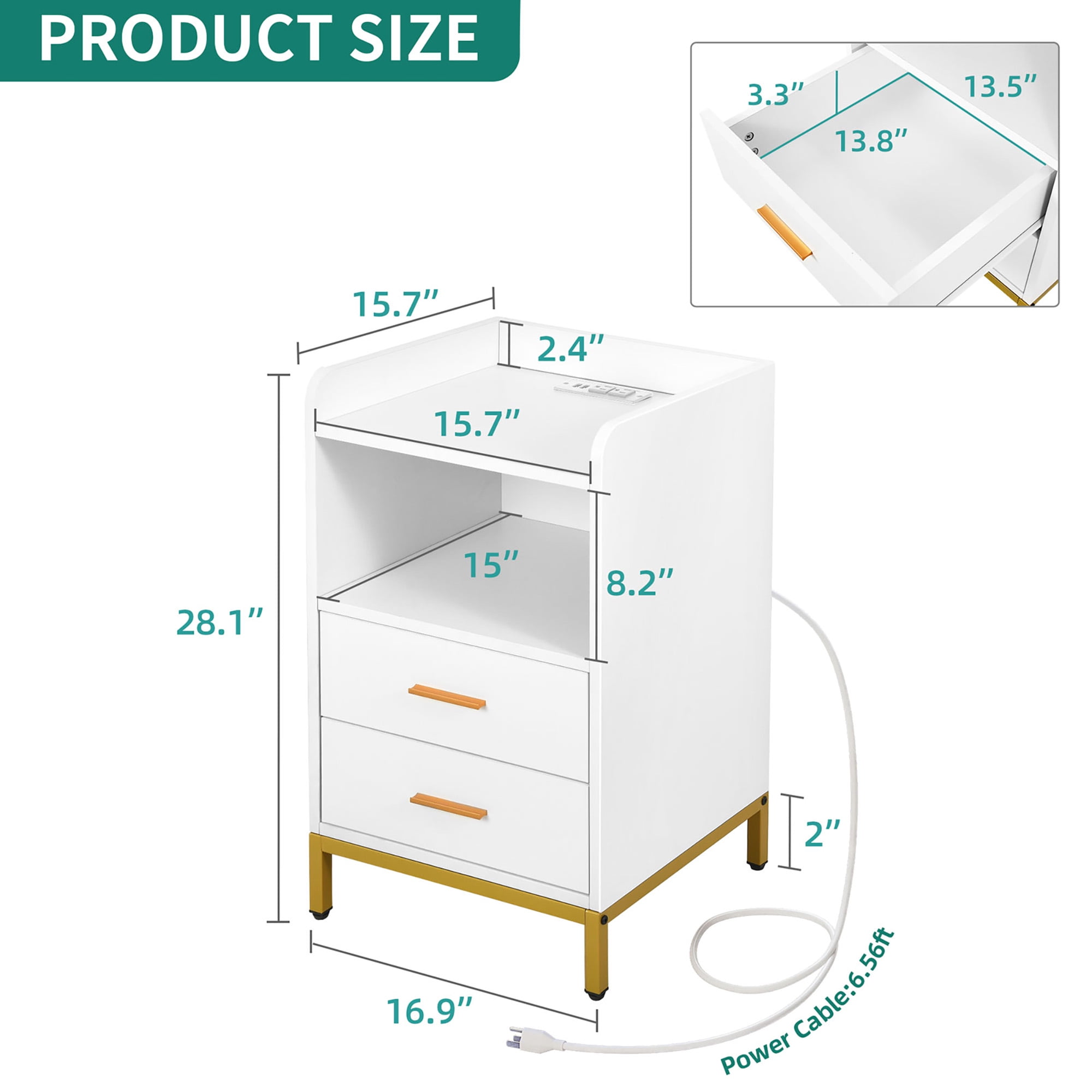 Dextrus LED Nightstand with Charging Station, Modern Bedside End Table with Drawers and Shelf, White