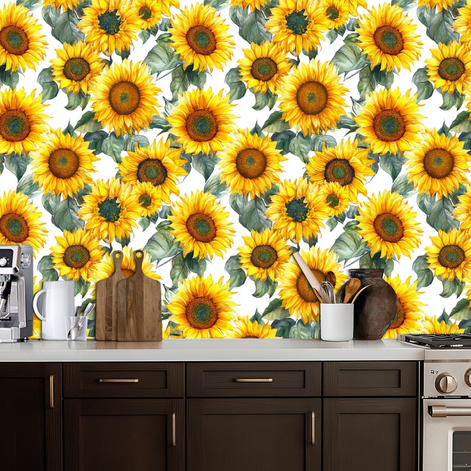 Peel and Stick Wallpaper 17.7in x 9.8ft Sunflower Vibrant Yellow Petals Green Leaves Contact Paper Vinyl Self-Adhesive Removable Wall Paper for Bedroom DIY Home Decor Renter Friendly