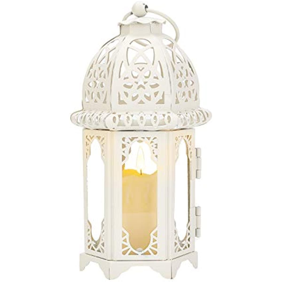 White Decorative Lanterns Hollow Metal Glass Candle Holder Lantern for