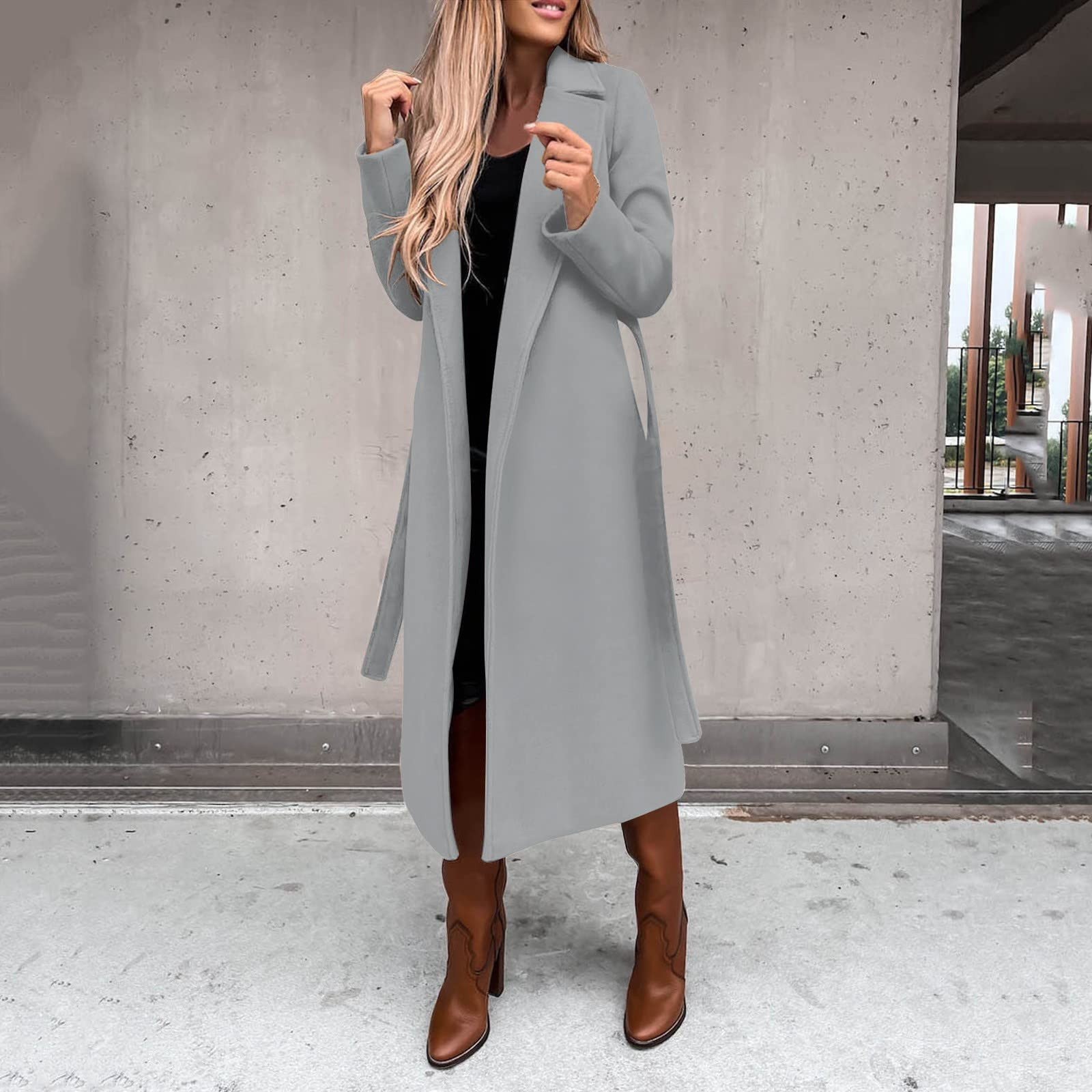 Women Elegant Big Notch Collar Wool Blend Long Coat Winter Open Front ...