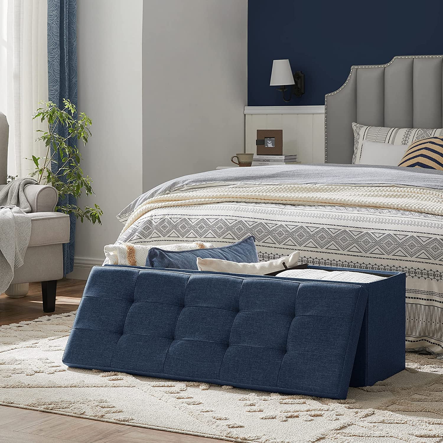 SONGMICS 43" Storage Ottoman Bench Folding Ottoman with Storage Hold up to 660lb Footstool for Living Room Navy Blue