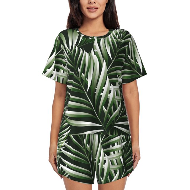 Balery Tropical Palm Leaves1 Conjunto de Pijama para Mujer con Estampado, Dos Piezas de Manga Corta y Shorts, Ropa de Dormir Suave con Cuello Redondo y Bolsillos-Small