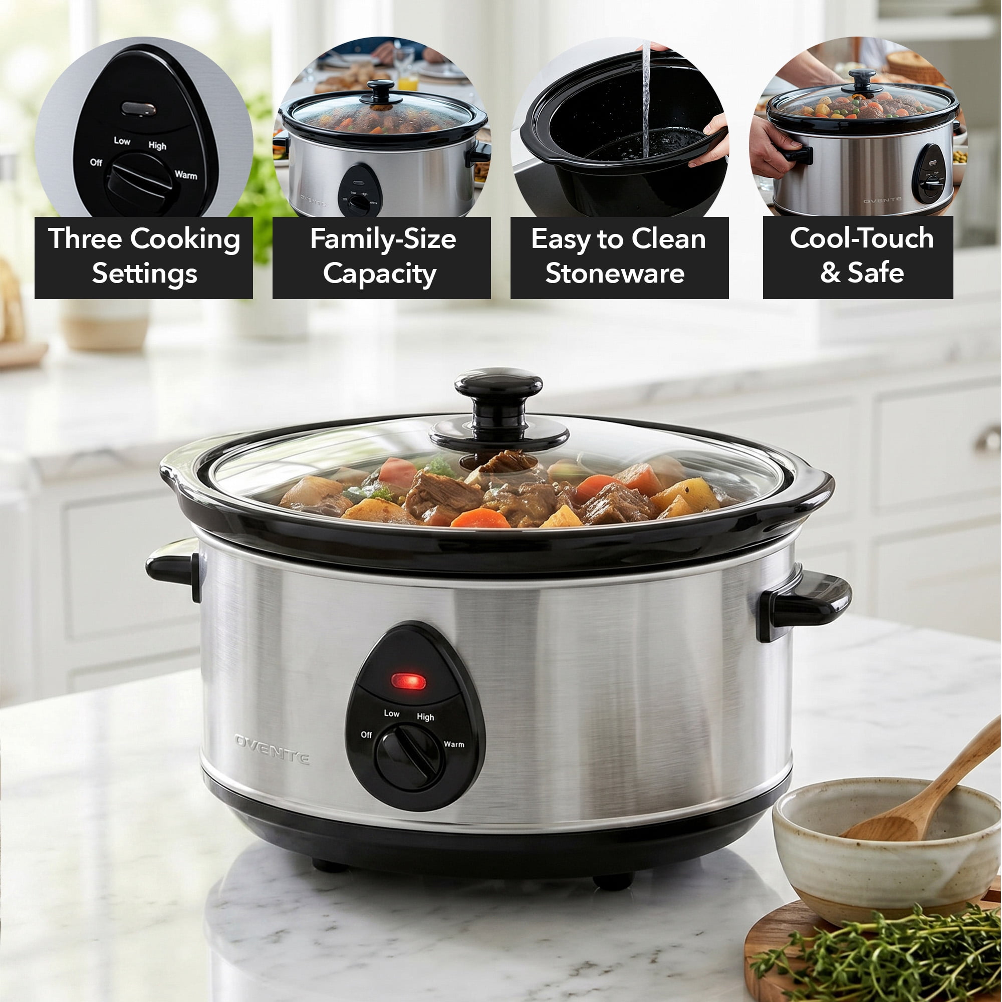 OVENTE Electric Slow Cooker with 3 Cooking Settings, Non-Stick and Dishwasher Safe Stoneware, Stainless Steel Body, Glass Lid 3.7 Qt Oval Pot for Entrees, Soups, Sauces, Stews & Dips, Silver SLO35ABR
