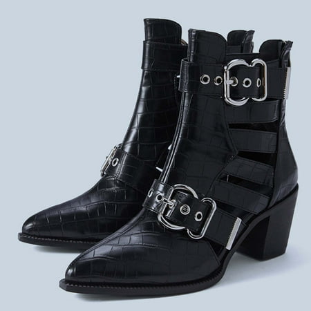 

Lhked Women s Winter Boots Pointed Toe Chunky Heel High Heel Slouchy Metal Buckle Booties With Back Zipper Party Dress Shoes 4.5