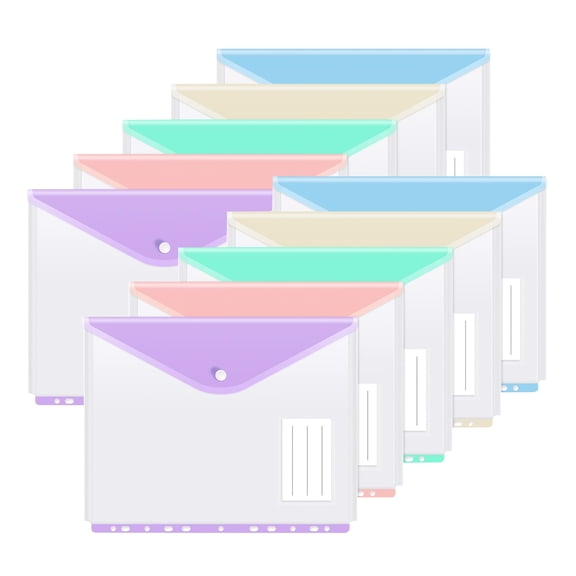 10Pack A4 with Hole Snap Button File Pouch – Transparent Waterproof Document Organizer with Colorful Flap for Office, School & Travel