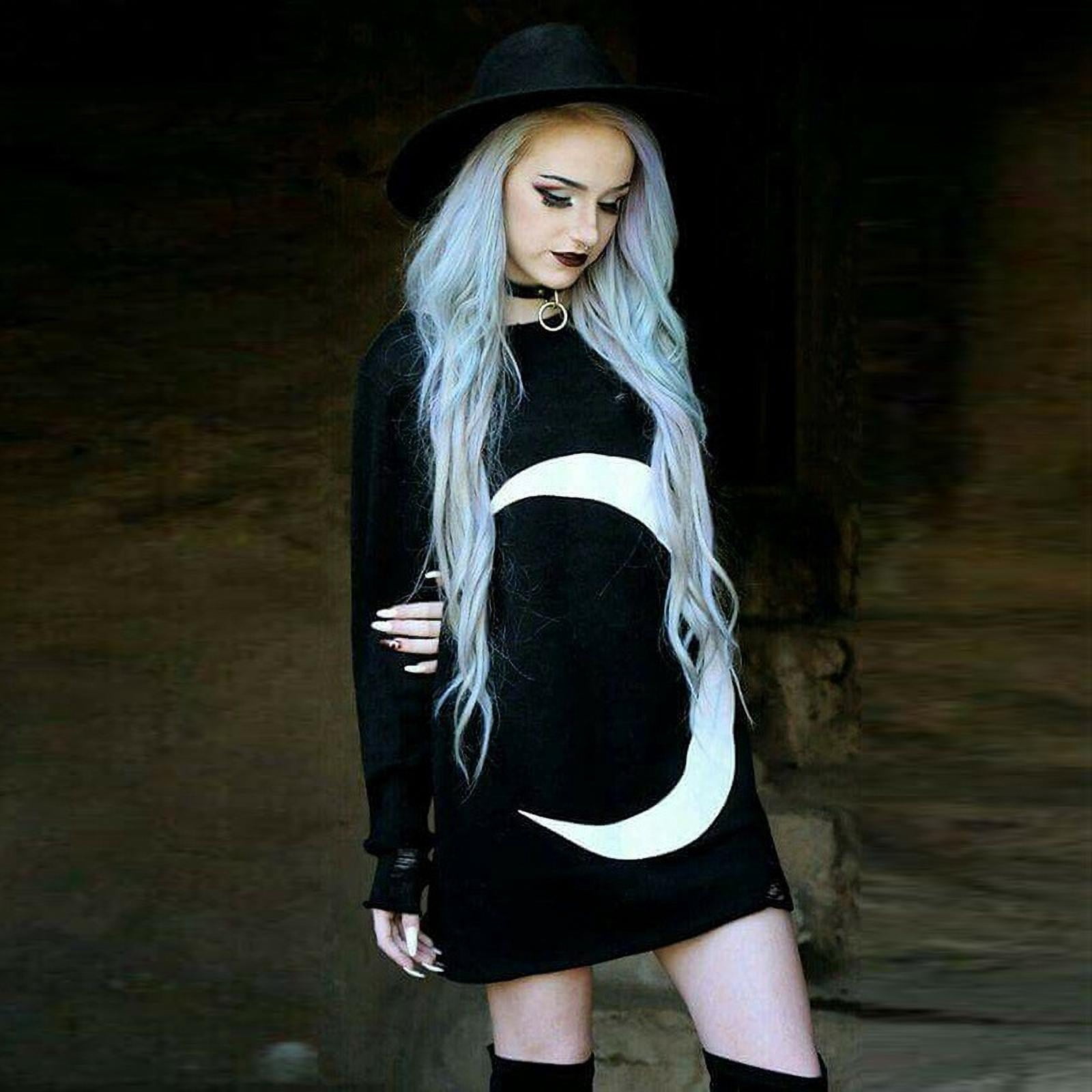 women's retro sun moon print hooded long sleeve dress