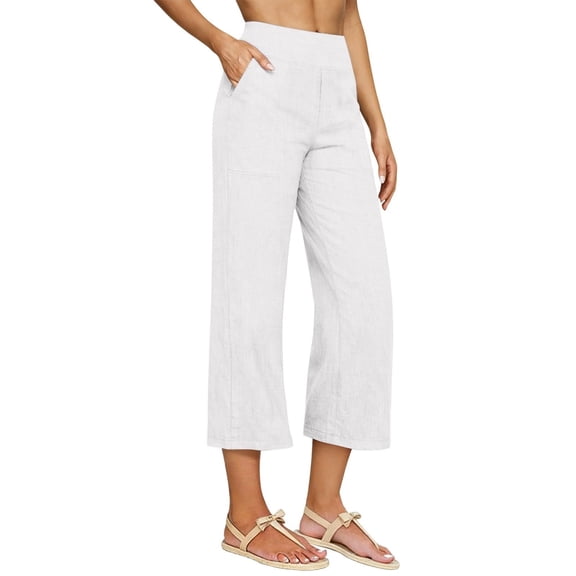 BUIGTTKLOP Cotton Linen Capri Pants for Women High Waisted Cropped Beach Pants Wide Leg Loose Fitted Summer Capris