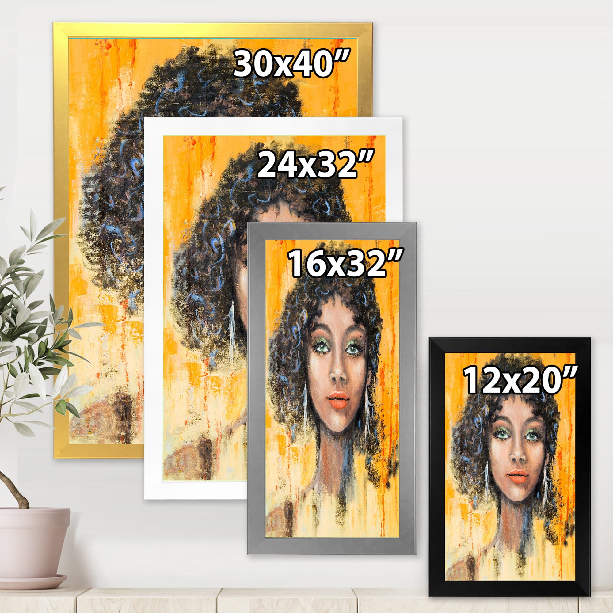 Designart 'Girl Face With Green Eyes & Black Hair Impression' Modern Framed Art Print