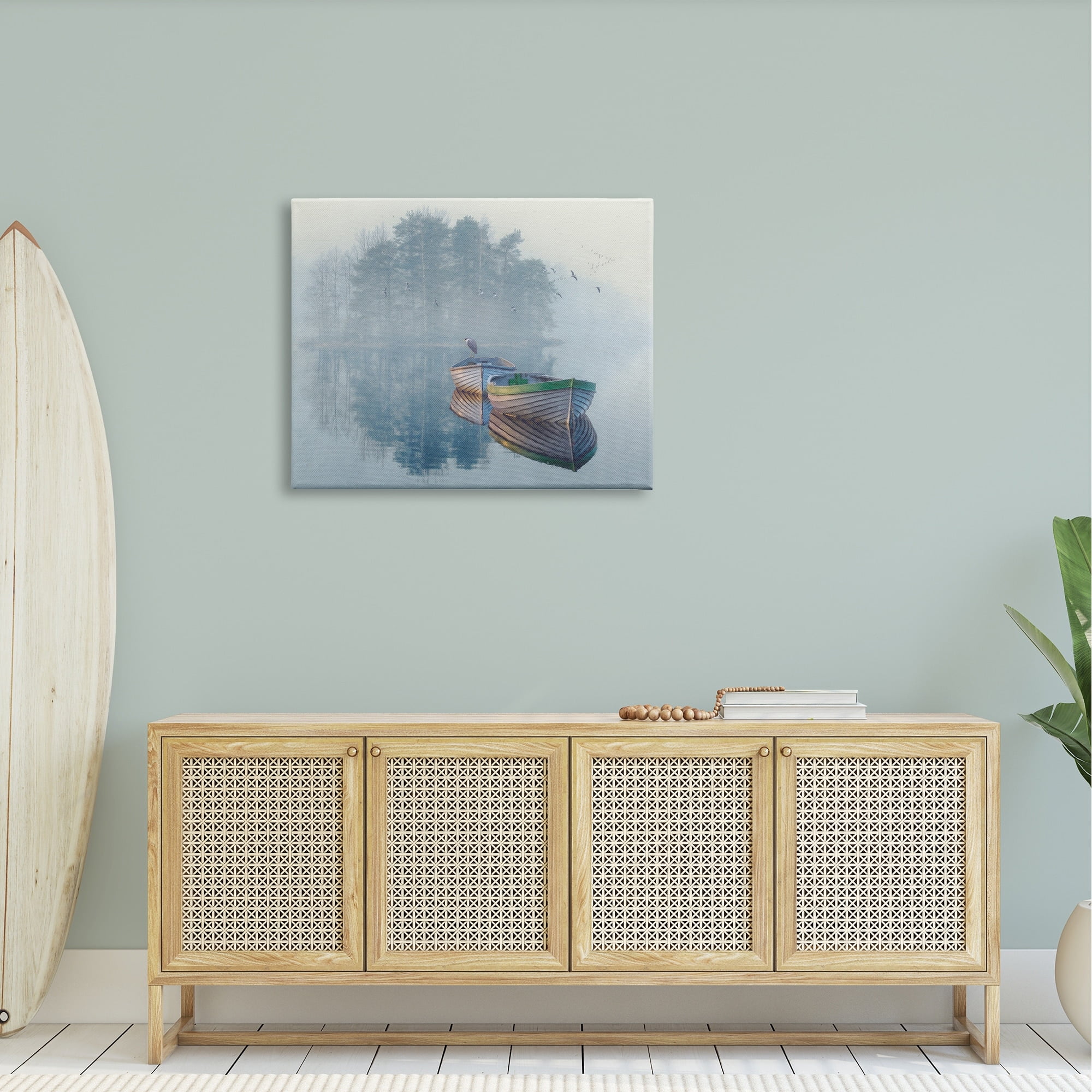 Stupell Foggy Boat Lake Reflection Landscape Painting Gallery Wrapped Canvas Print Wall Art