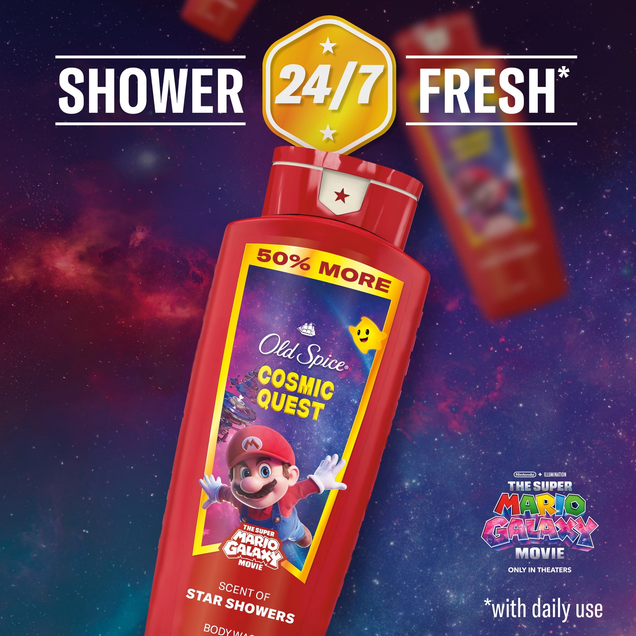 (4 pack) Old Spice Body Wash for Men, Cosmic Quest, Scent of Star Showers, Old Spice x The Super Mario Galaxy Movie, 24/7 Shower Fresh, 24 oz