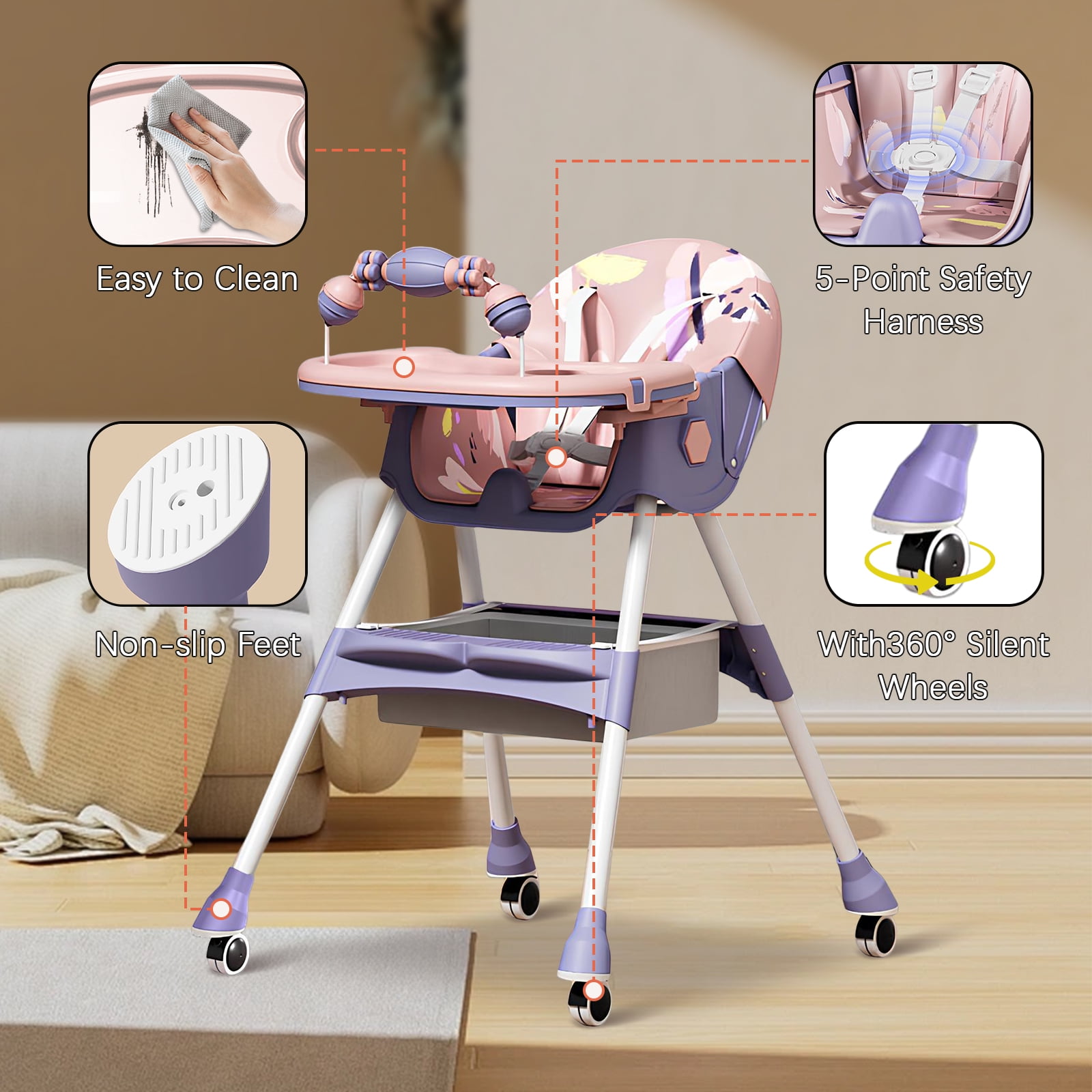 HDUTNGISN 4-in-1 Foldable Baby High Chair with 5-Point Harness, Double Plates & Toy Rack, Purple