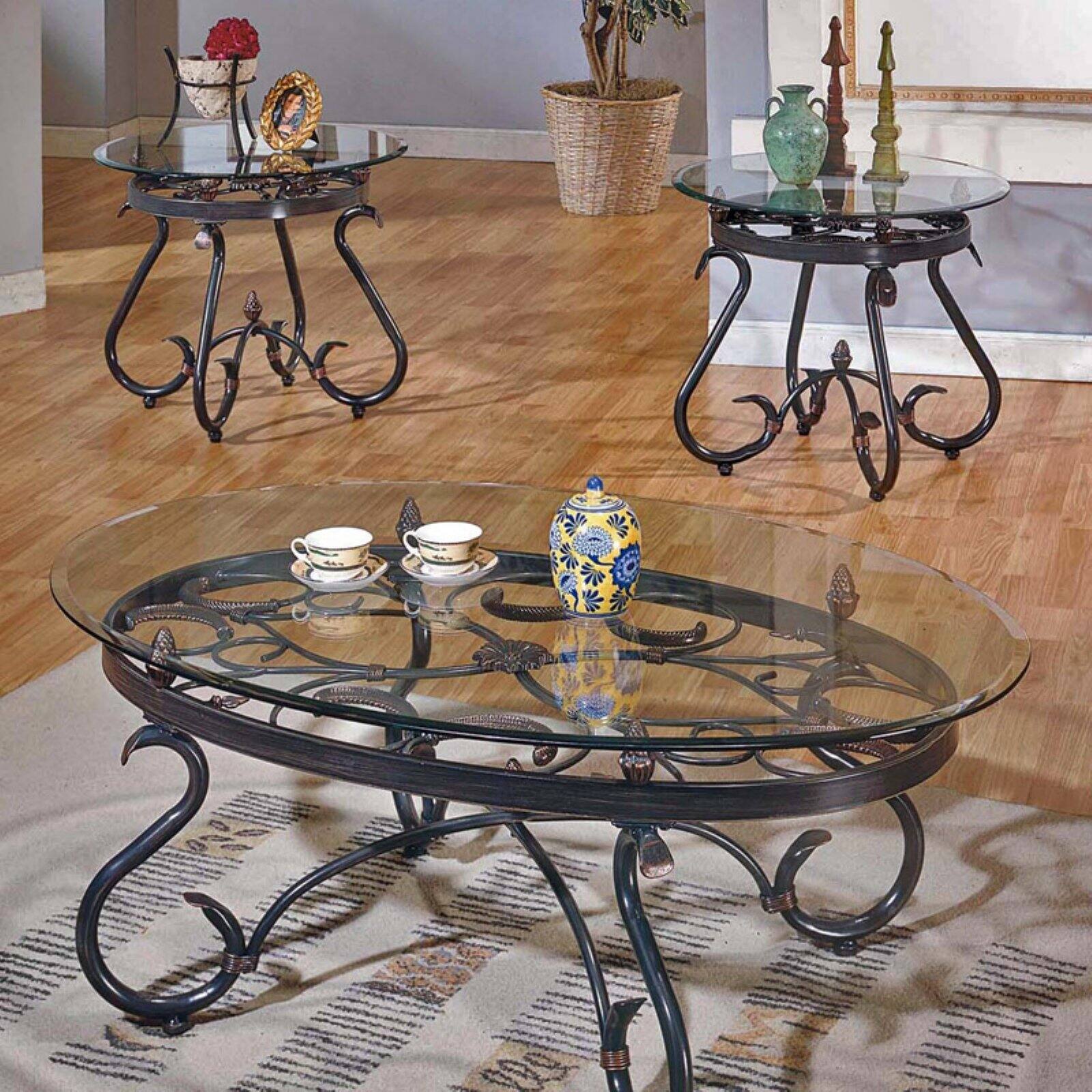 WEIBO Coffee Table Set 3PCS Glass Nest Tables Living Room in Clear
