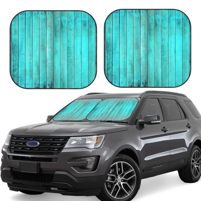 Balery Turquoise Wooden2 Parasol para parabrisas de coche de 2 piezas | Parasol plegable para parabrisas delantero de coche para la mayoría de sedanes-Large