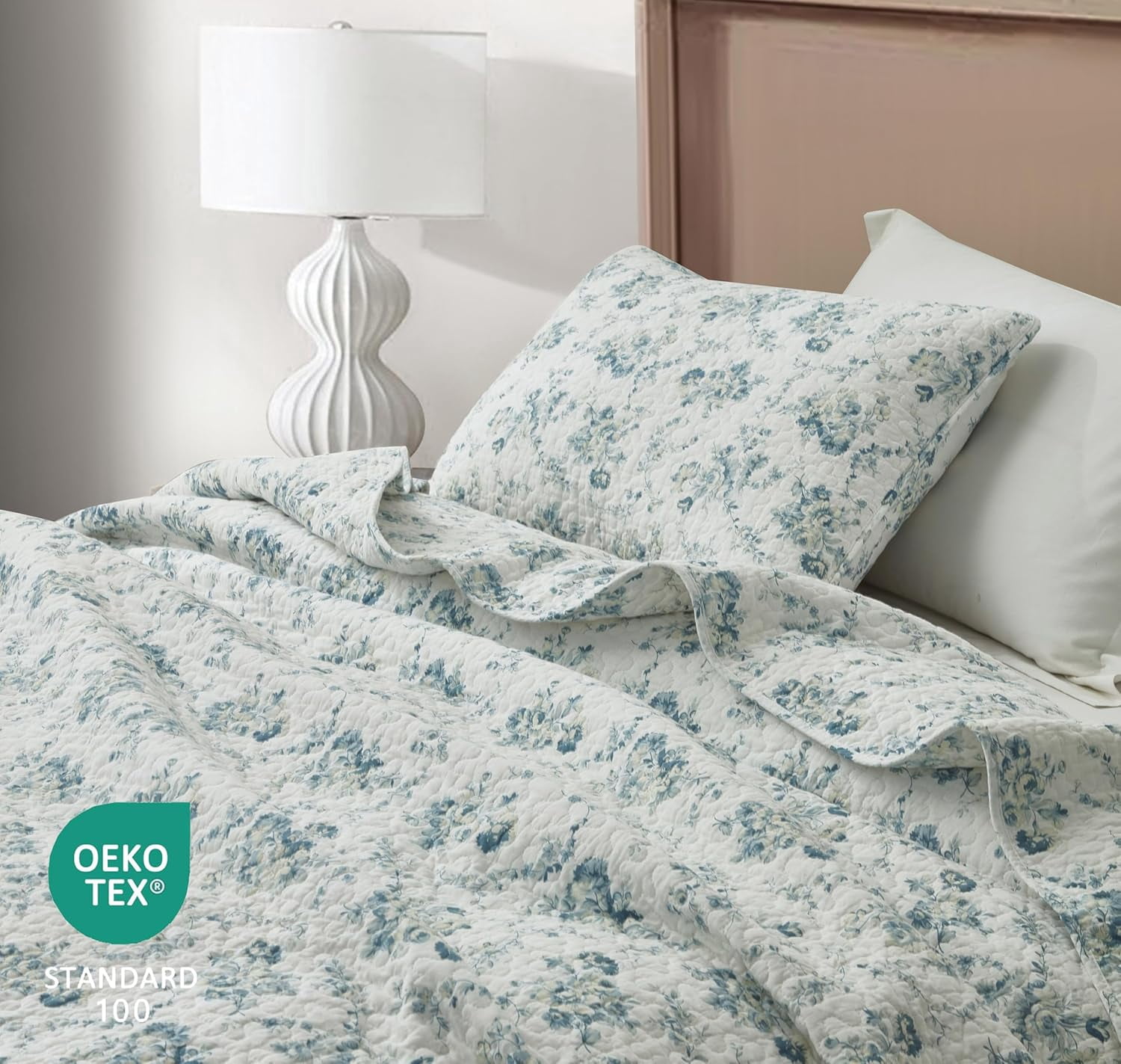 Chezmoi Collection Gigi 3-Piece Printed Floral Cotton Quilt Set Oversized King Size, Elegant Blue Ivory White Floral Flower, Stone Washed Cotton Breathable Lightweight Bedspread Set