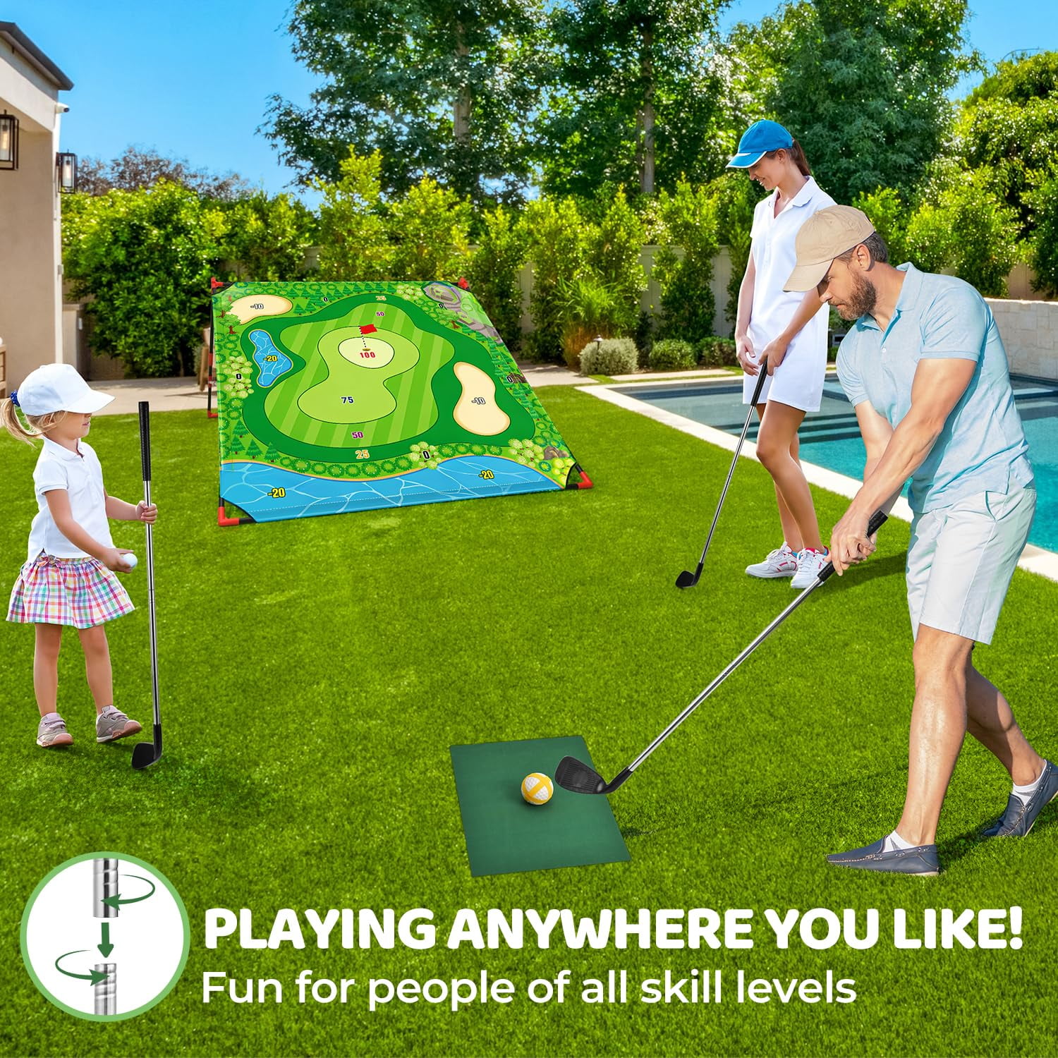 Mpow Golf Chipping Game-Golf Battle Game for Kids & Family, 54"x54" Golf Target Mat with 16 Sticky Balls, 8 Bean Bags, 6 Axes, 2 Soccer Balls, Fun for Outdoor Lawn, Backyard & Poolside Party