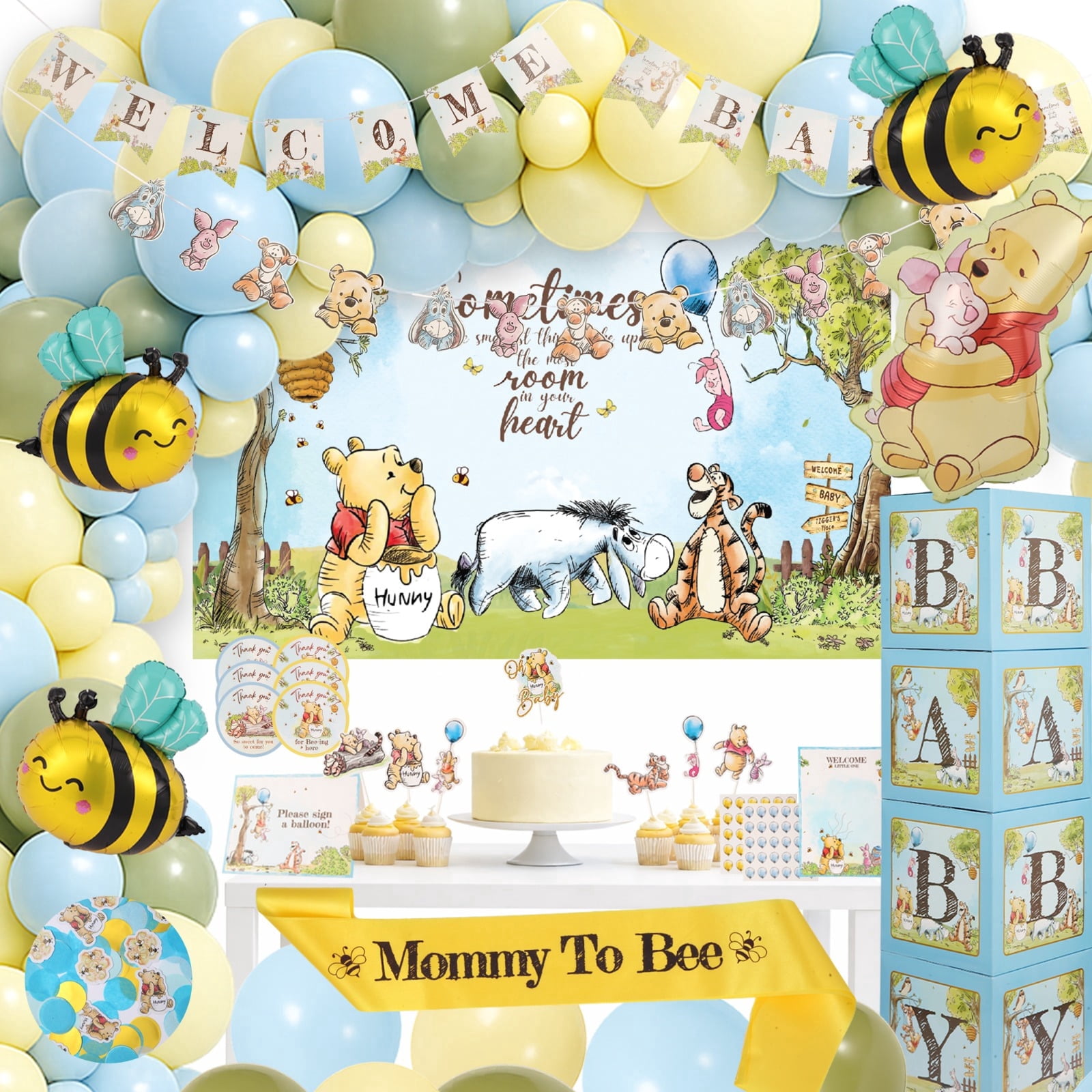 271 Pc Classic Winnie the Pooh Baby Shower Decorations for Boy, Blue Vintage Pooh Bear Balloon Arch Kit with Backdrop, Banner, Baby Boxes, Sash and Table Decorations