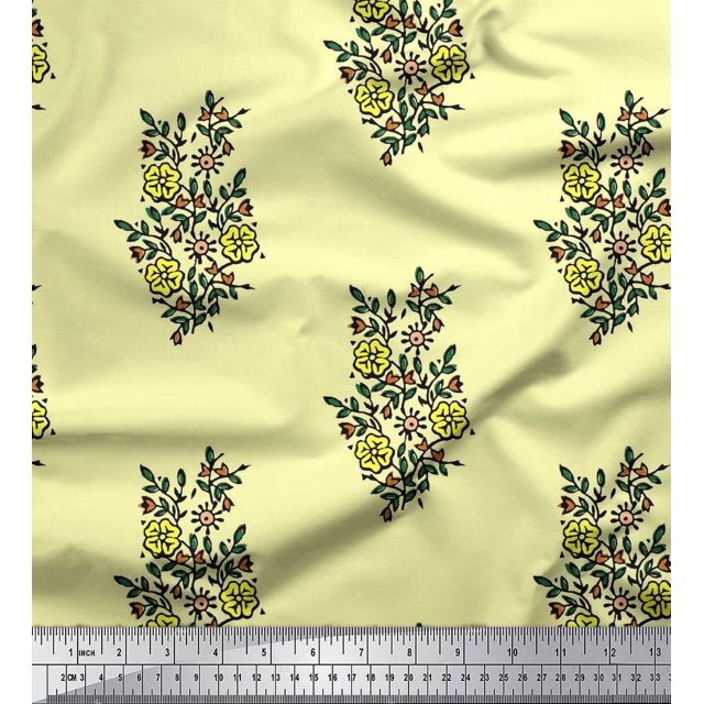 Soimoi Rayon Fabric Leaves & Floral Block Print Sewing Fabric Yard 42 Inch Wide