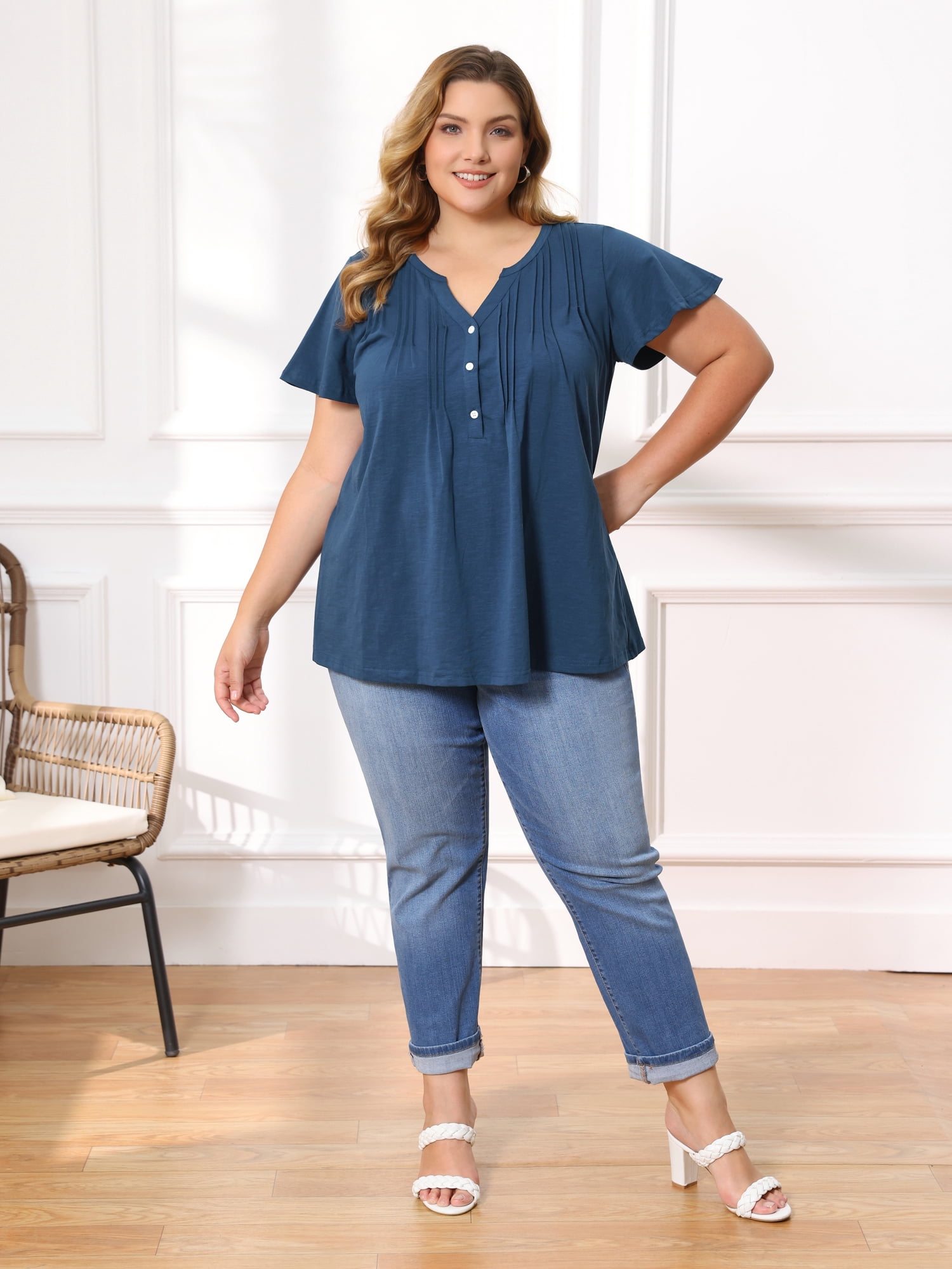 Women's Plus Women's Work Tops Button Notch Neck Ruffle Sleeve Casual Blouse 4X Dark Blue