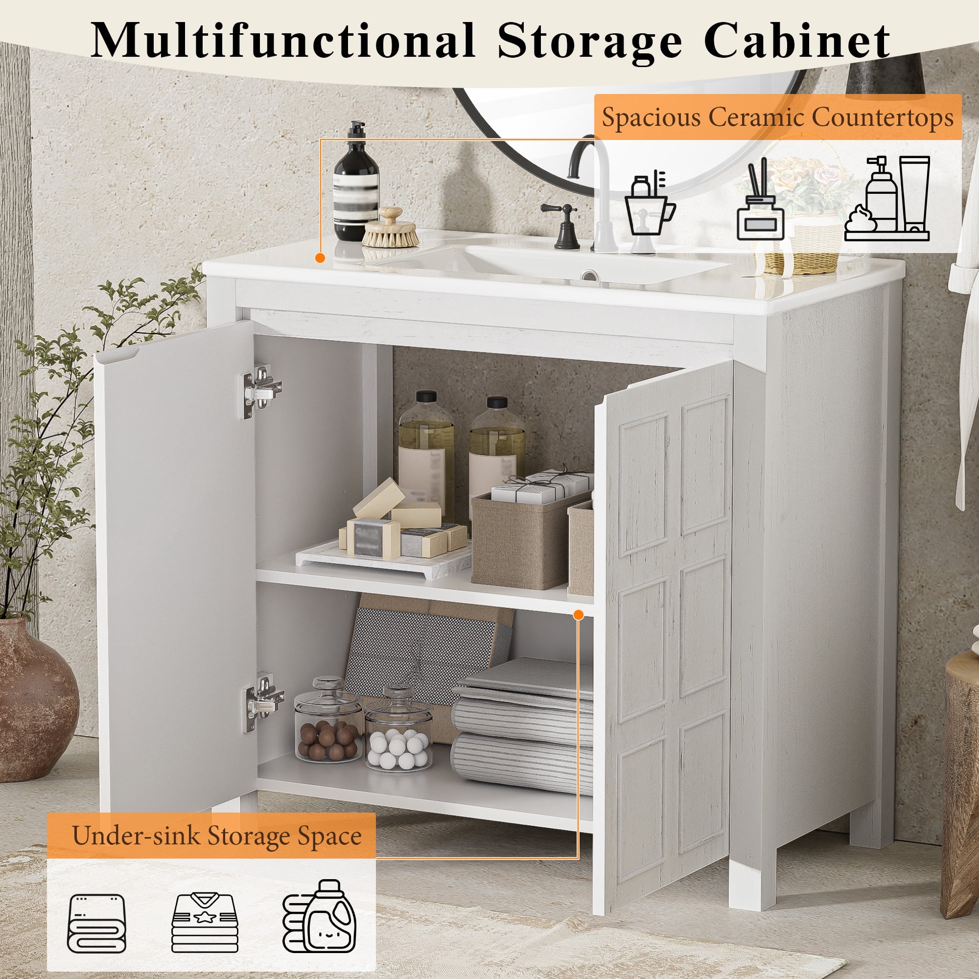 Euroco 36 " Bathroom Vanity Organizer with Ceramic Sink, Set Bathroom Storage Cabinet,Antique White