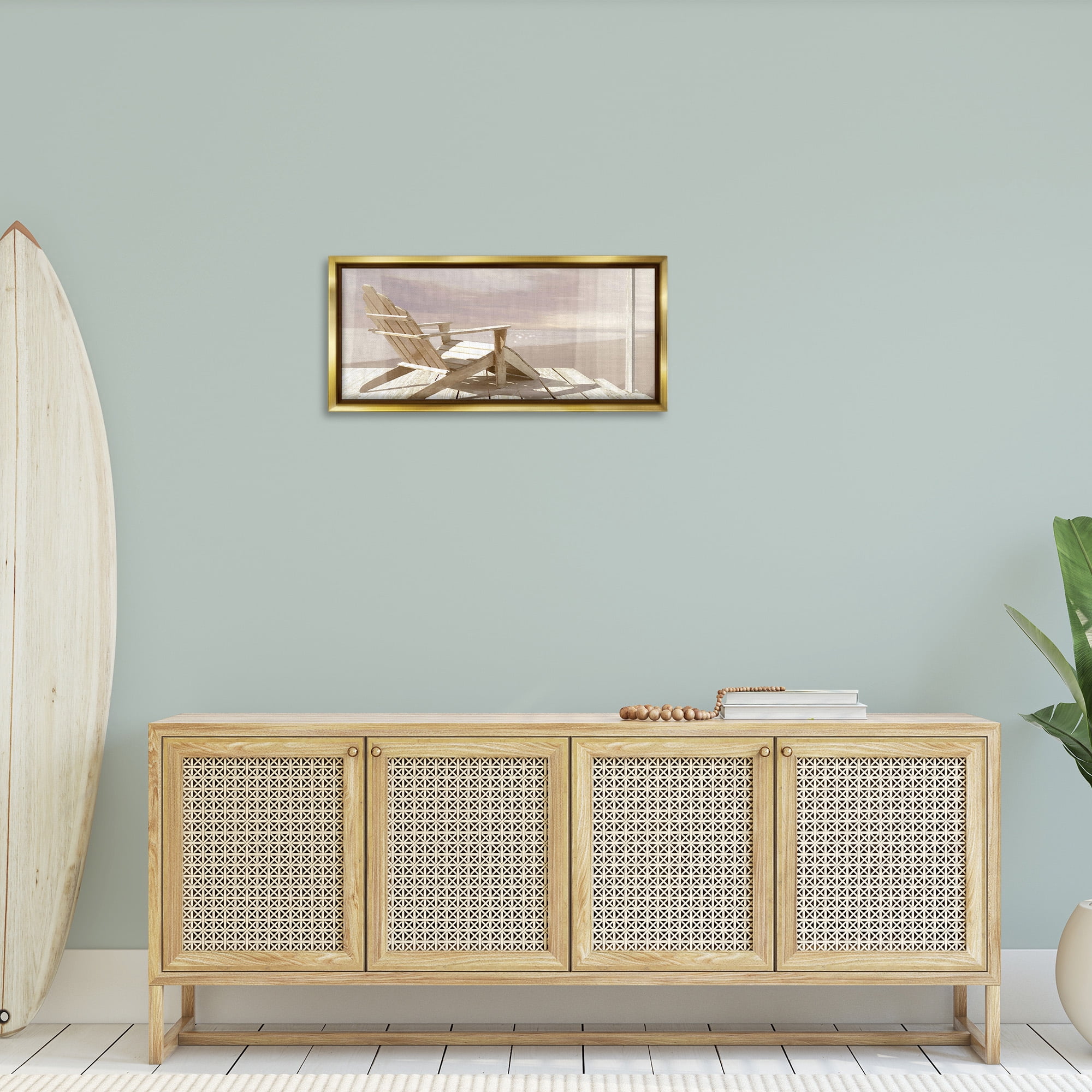 Stupell Industries Chair Overlooking Beach Landscape Photography Gold Floater Framed Canvas Art Print Wall Art, 31 x 14
