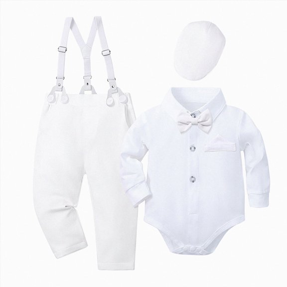 WUANDIXFA Baby Boy Clothes Suit 3 6 9 12 18 Months Newborn Infant Gentleman Outfits Formal Dress Shirt Suspender Pants Hat Wedding Party Set,White,12-18 Months