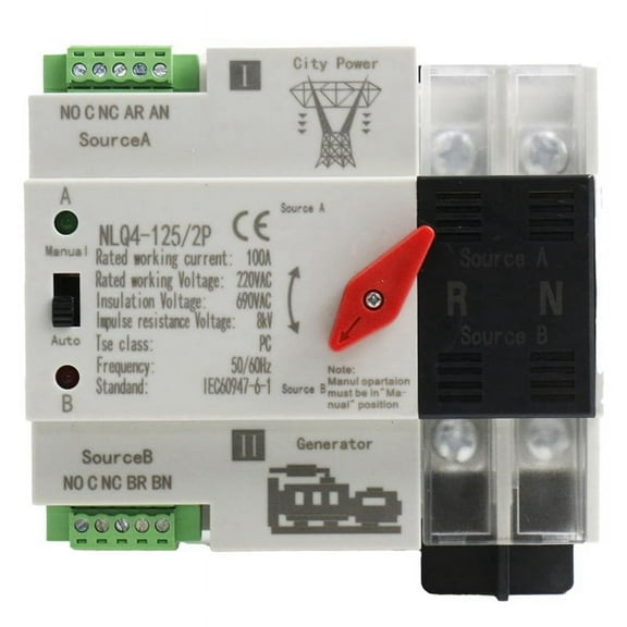 Automatic Transfer Switch 2P 100A Din Rail Mount Dual Power for Generators Electrical Selection NLQ4-2P