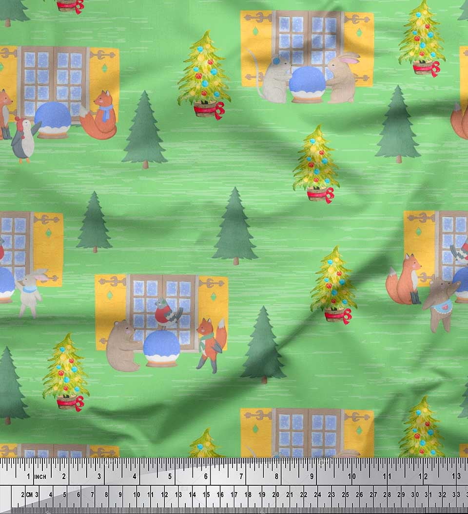 Soimoi Green Velvet Fabric House,Animals & Tree Christmas Print Fabric by the Yard 58 Inch Wide