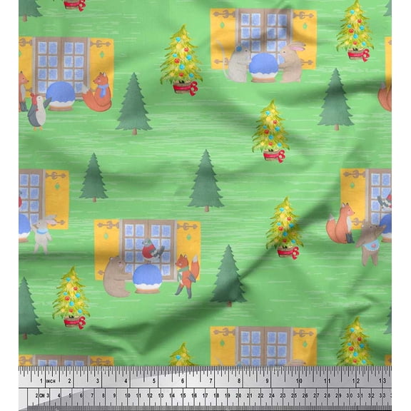 Soimoi Green polyester Crepe Fabric House,Animals & Tree Christmas Printed Fabric 1 Yard 42 Inch Wide