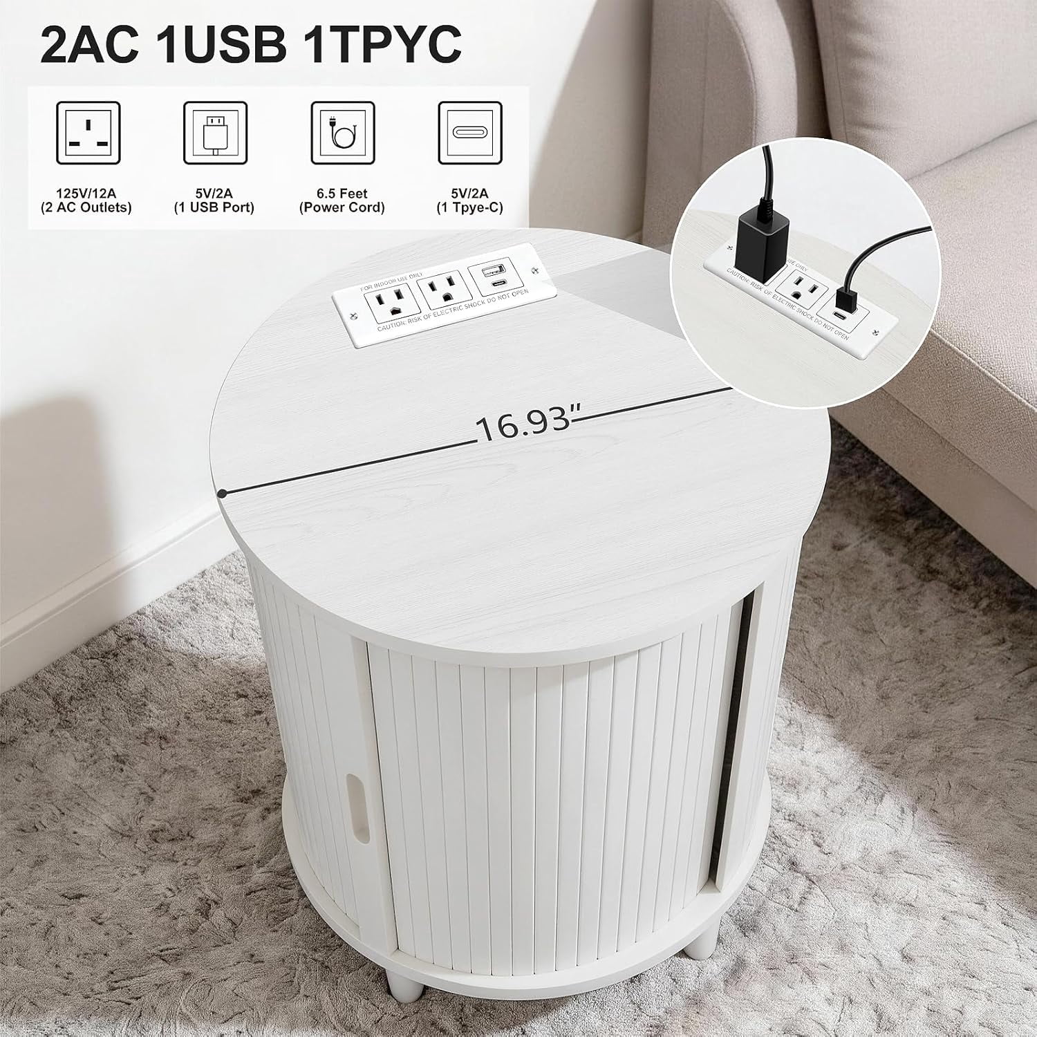Mid-Century Fluted Round End Table with Storage & Charging Station, Sliding Door and Adjustable Shelf, White Nightstand for Small Spaces, Living Room, Bedroom