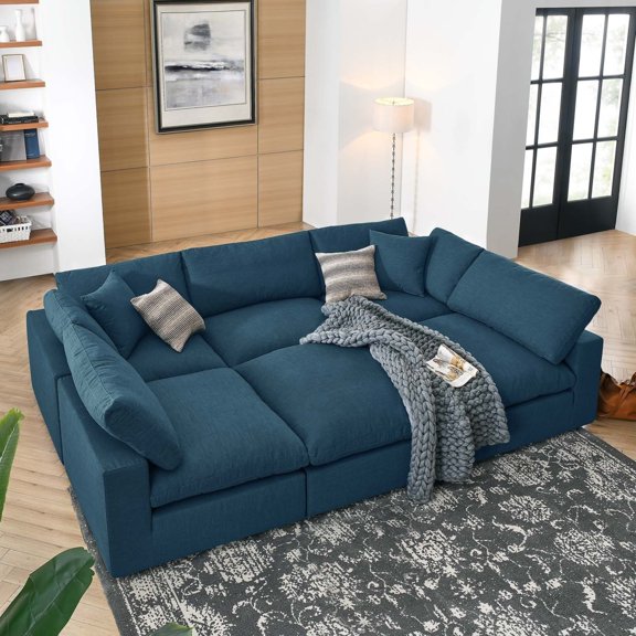 Modway Commix 6-Piece Modern Fabric Overstuffed Sectional Sofa in Azure