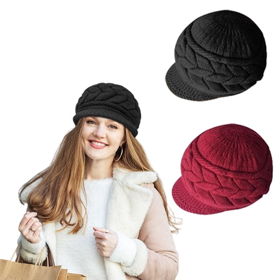 2 Pack Women's Winter Hats with Brim, Warm Knit Slouchy Beanie Newsboy Cap,Soft and Cozy,Elegant and Stylish for Cold Weather, Outdoor Activities,Great Gift for Women