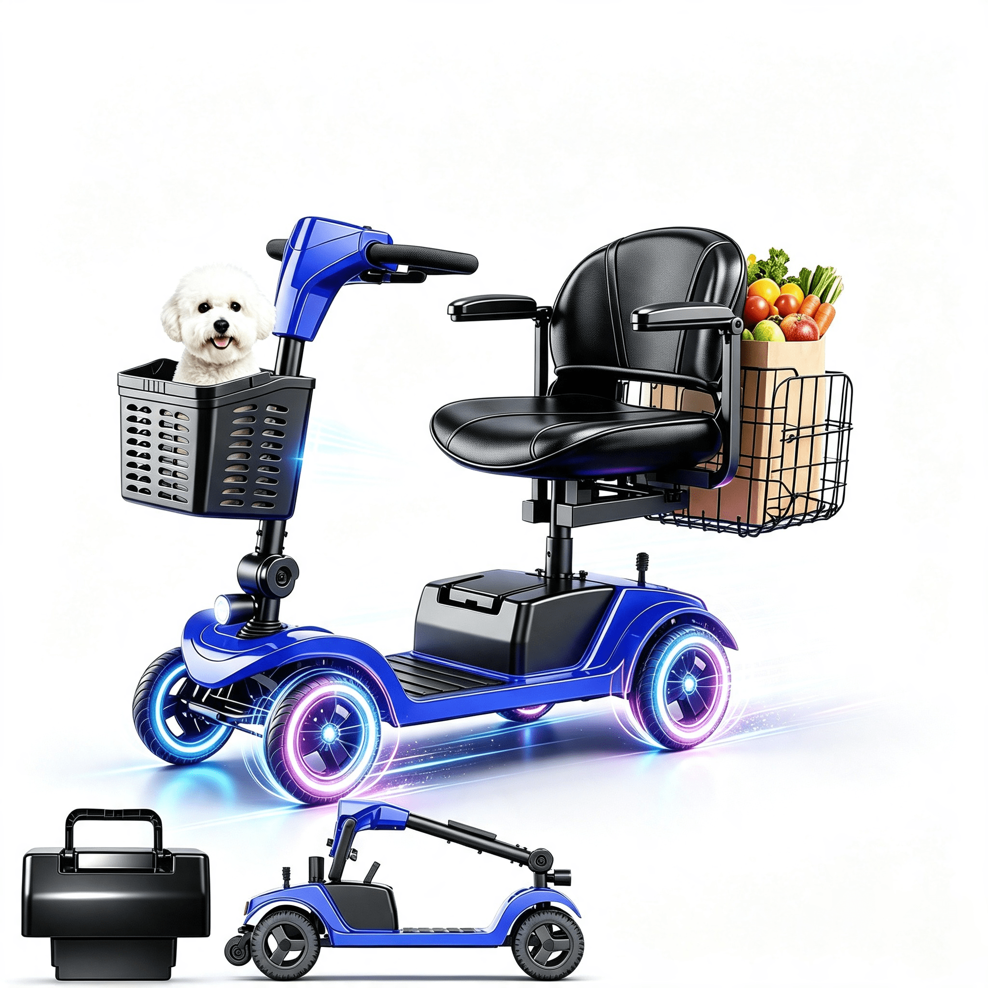12Ah 15 Miles Electric Senior Mobility Scooter, 300W Motor 300lbs Capacity Travel Scooter with Dual Baskets, blue