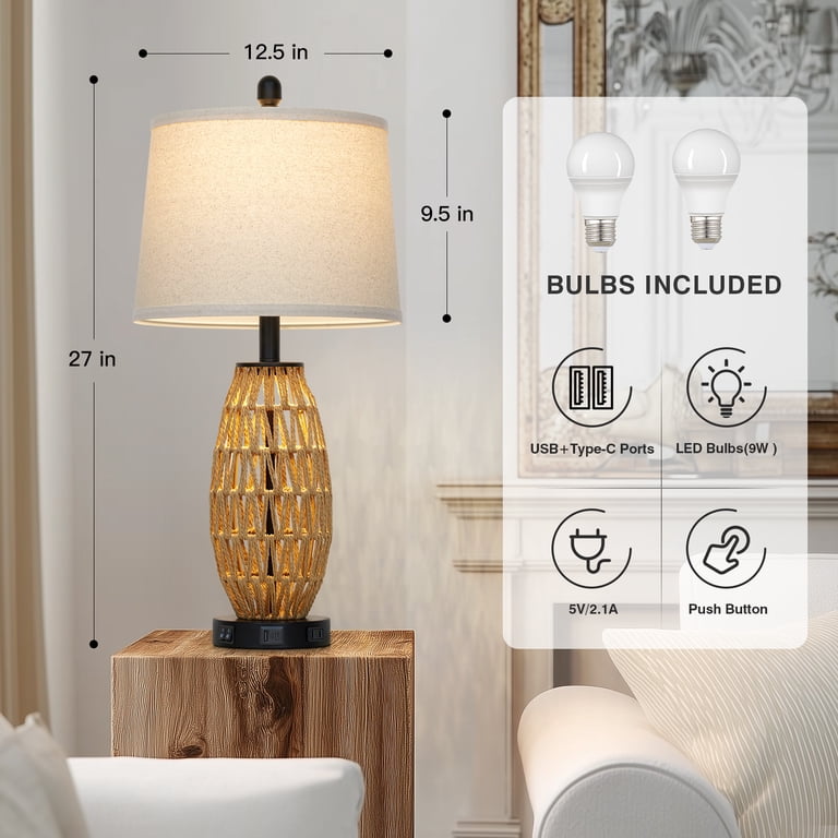 Cinkeda 27-Inch Rattan Table Lamp Set of 2 with USB Charging Ports photo 7