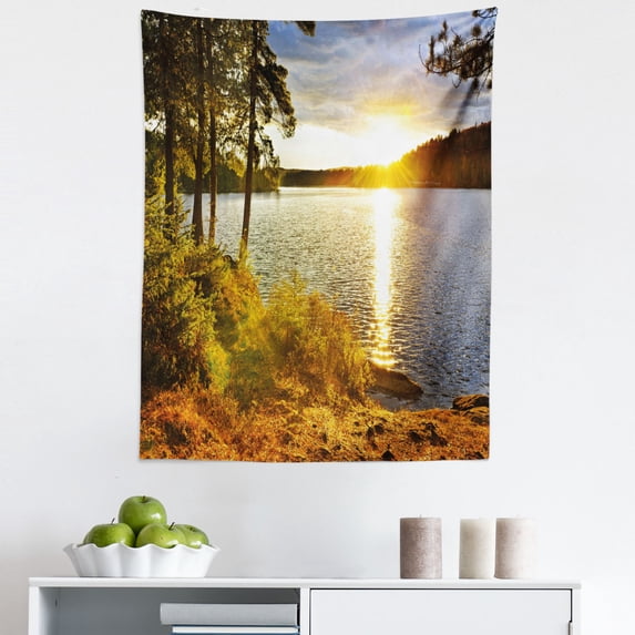Colorful Tapestry, Sunset Dawn in the Forest over Lake of 2 Rivers Algonquin Park Ontario Canada, Fabric Wall Hanging Decor for Bedroom Living Room Dorm, 5 Sizes, Multicolor, by Ambesonne