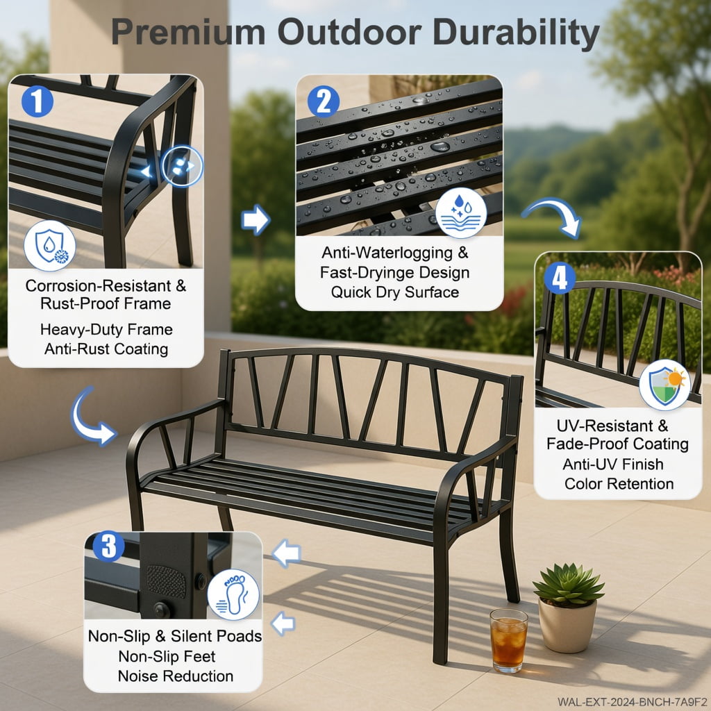 Hommoo Outdoor Patio Bench with Heavy-Duty Metal Frame, Slatted Garden Bench for Backyard, Porch & Deck, Ergonomic 105° Backrest, Black