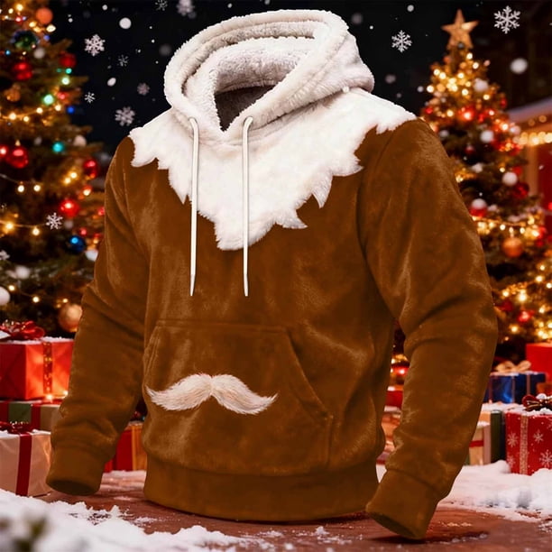 Ceisia Cozy Fleece-Lined Mens Loose Fit Santa Style Color Block Hooded Sweatshirt Gifts