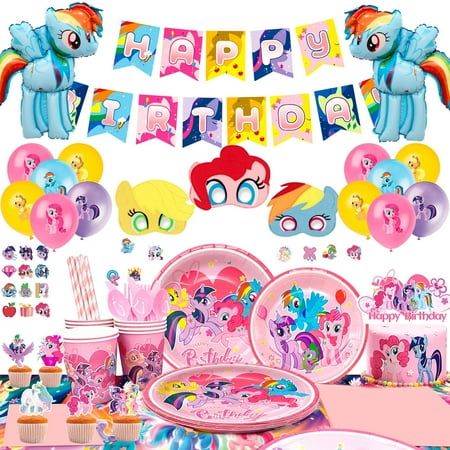 152Pcs My Little Pony Theme Party Supplies,Party Decorations Set-My Little Pony Balloons Stickers Masks Cake Toppers Banner Tablecloth Plates Cups Napkin etc for My Little Pony Birthday Party
