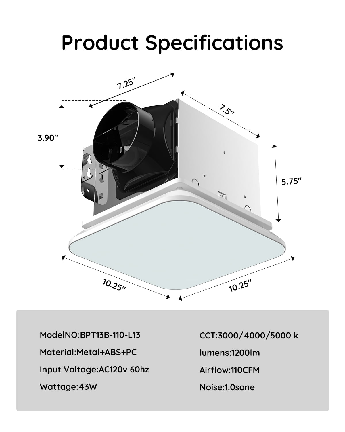 Bathroom Exhaust Fan with Light，1.0 Sones Bathroom Vent with Light，110 CFM 43W 1200LM Ceiling Mount Shower Ventilation Exhaust with Light，Bathroom Fan LED Light 3000K/4000K/5000K