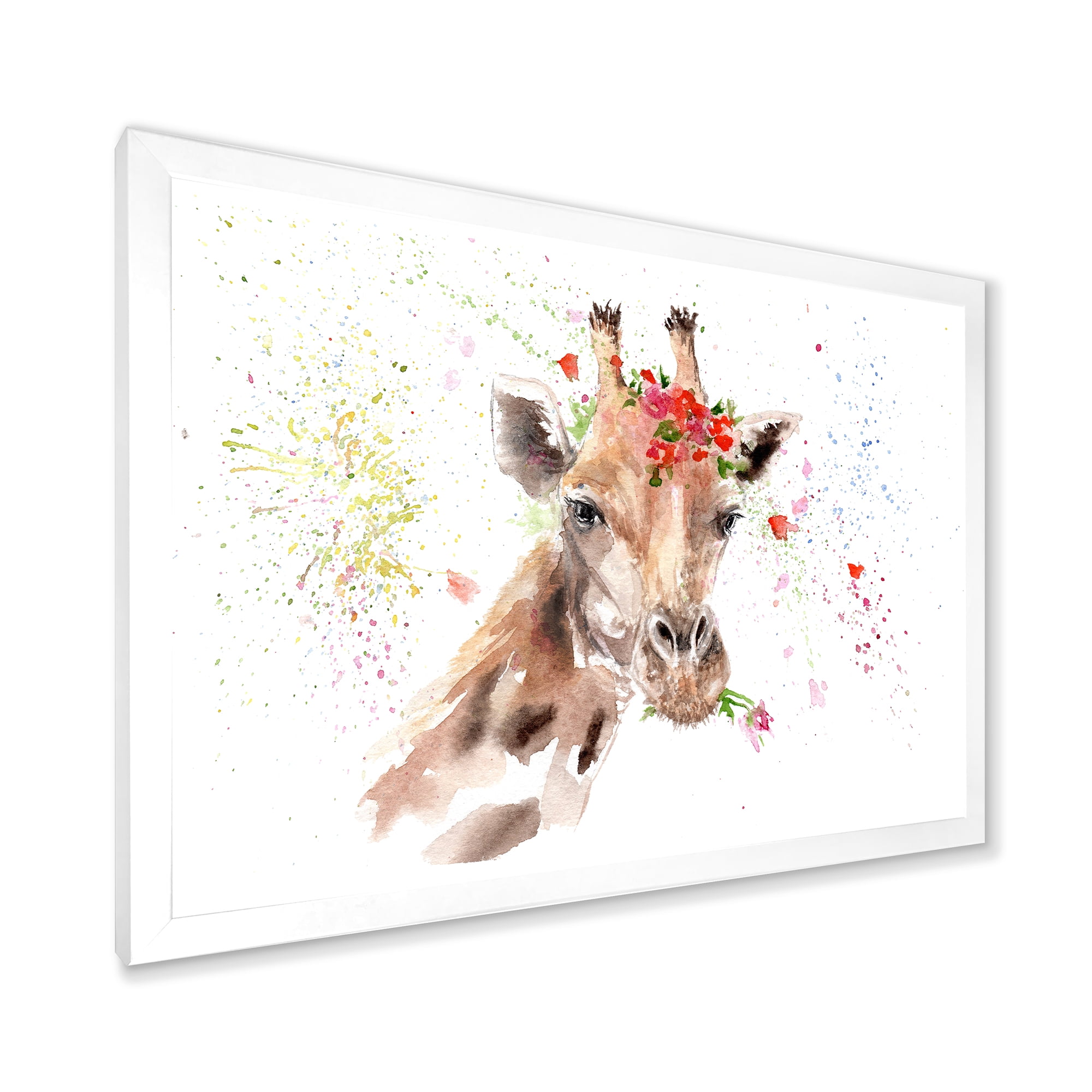 Designart 'Portrait of A Giraffe With Red Flowers II' Farmhouse Framed Art Print